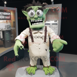 Cream frankenstein's monster mascot costume character dressed with Overalls and Tie pins