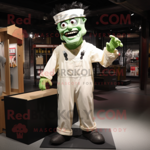 Cream frankenstein's monster mascot costume character dressed with Overalls and Tie pins