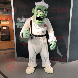 Cream frankenstein's monster mascot costume character dressed with Overalls and Tie pins