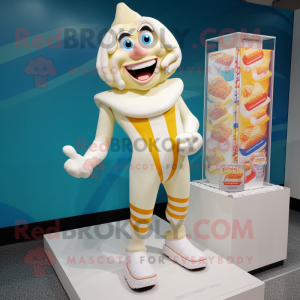 Personaggio in costume della mascotte della scatola di caramelle alla crema vestito con Rash Guard e cavigliere
