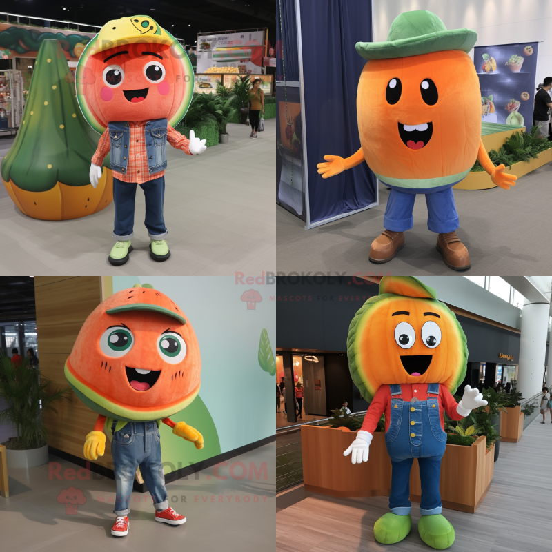 Orange Watermelon mascot costume character dressed with Denim Shirt and Shoe clips