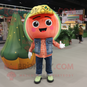 Orange Watermelon mascot costume character dressed with Denim Shirt and Shoe clips