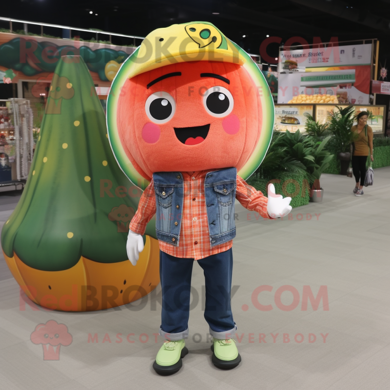 Orange Watermelon mascot costume character dressed with Denim Shirt and Shoe clips Orange Watermelon mascot costume character dressed with Denim Shirt and Shoe clips