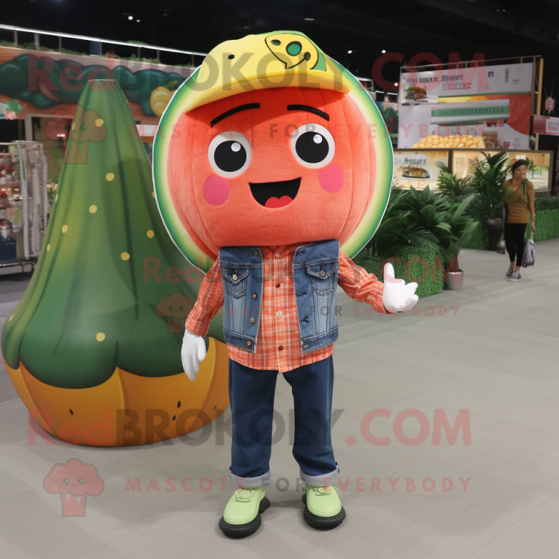 Orange Watermelon mascot costume character dressed with Denim Shirt and Shoe clips