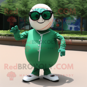 Personnage de costume de mascotte de balle de baseball vert forêt habillé avec une couverture et des lunettes de soleil