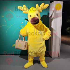 Personaje de disfraz de mascota Lemon Yellow Elk vestido con sudadera con capucha y bolsos de mano