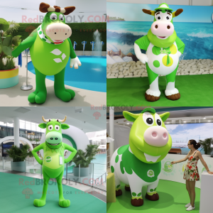 Lime Green Hereford cow mascot costume character dressed with One-Piece Swimsuit and Rings