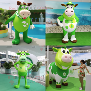 Personaje de disfraz de mascota de vaca Hereford verde lima vestido con traje de baño de una pieza y anillos