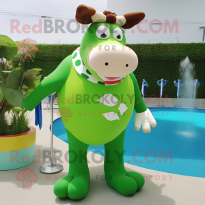 Lime Green Hereford cow mascot costume character dressed with One-Piece Swimsuit and Rings