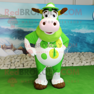 Postava maskota krávy Lime Green Hereford oblečená do jednodílných plavek a prstenů
