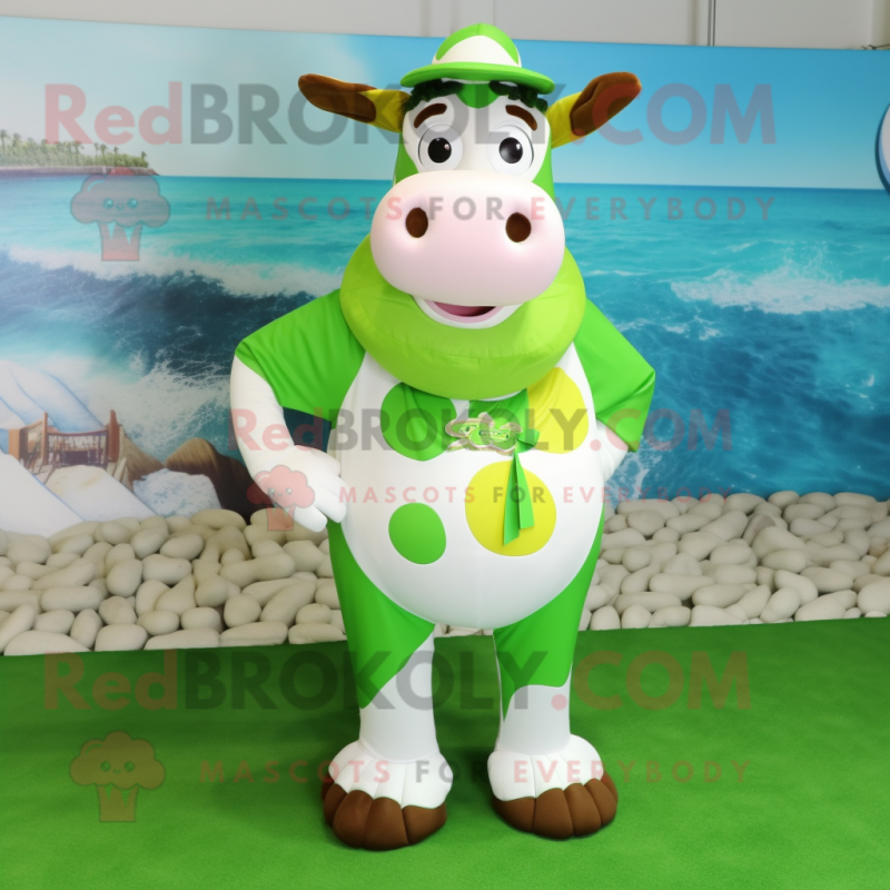 Lime Green Hereford cow mascot costume character dressed with One-Piece Swimsuit and Rings