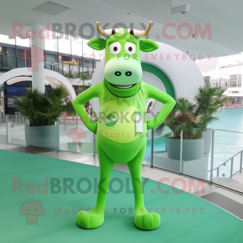 Lime Green Hereford cow mascot costume character dressed with One-Piece Swimsuit and Rings