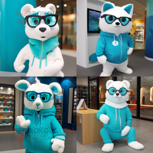 Turquoise Ermine mascot costume character dressed with Sweatshirt and Eyeglasses