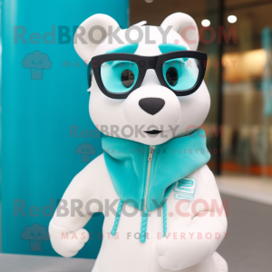 Turquoise Ermine mascot costume character dressed with Sweatshirt and Eyeglasses