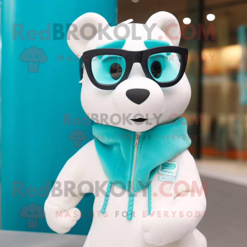 Turquoise Ermine mascot costume character dressed with Sweatshirt and Eyeglasses Turquoise Ermine mascot costume character dressed with Sweatshirt and Eyeglasses