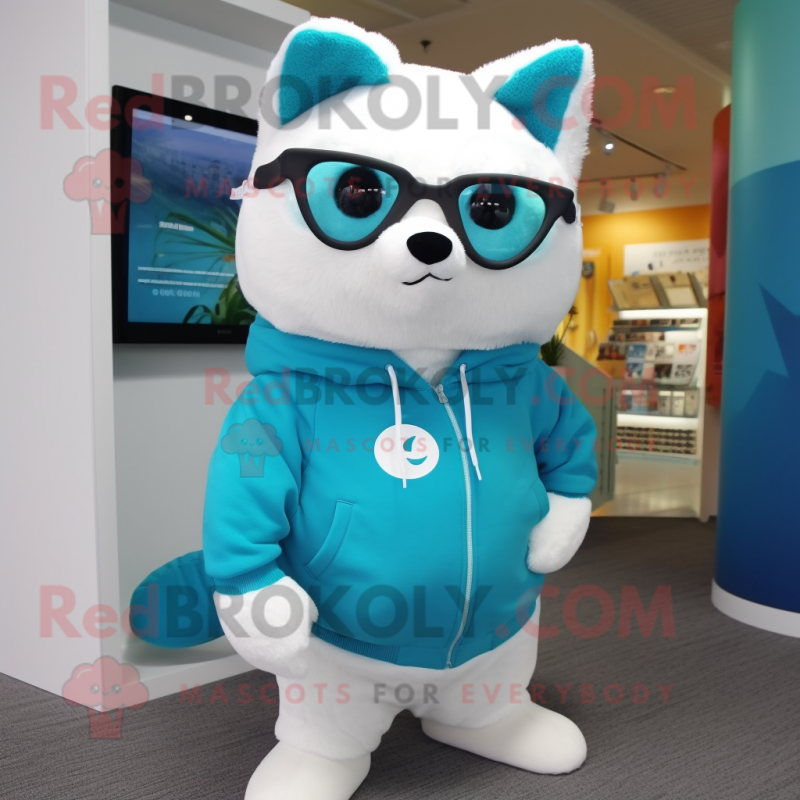 Turquoise Ermine mascot costume character dressed with Sweatshirt and Eyeglasses Turquoise Ermine mascot costume character dressed with Sweatshirt and Eyeglasses