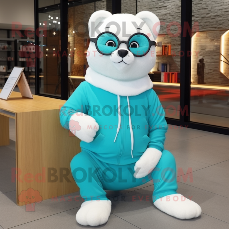 Turquoise Ermine mascot costume character dressed with Sweatshirt and Eyeglasses