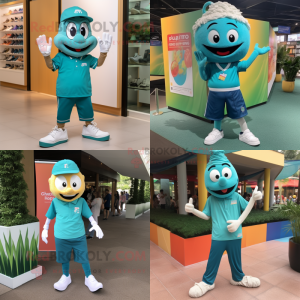 Teal Pad Thai mascot costume character dressed with Polo Shirt and Shoe laces