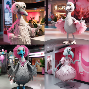 Silver Flamingo mascot costume character dressed with Pleated Skirt and Mittens