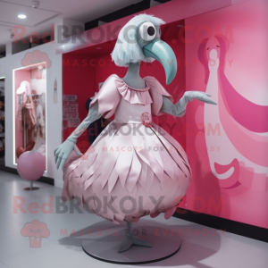 Silver Flamingo mascot costume character dressed with Pleated Skirt and Mittens