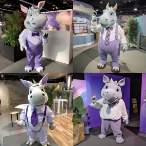 Lavender Rhinoceros mascot costume character dressed with Button-Up Shirt and Earrings