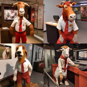 Personnage de costume de mascotte de chèvre Boer rouge habillé avec une chemise Henley et des cravates