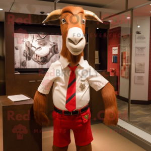 Postava maskota červeného búrského kozla oblečená v košili a kravatách Henley