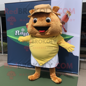 Gold Pulled Pork Sandwich mascot costume character dressed with Board Shorts and Berets