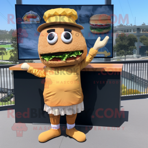 Gold Pulled Pork Sandwich mascot costume character dressed with Board Shorts and Berets