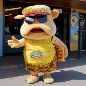 Gold Pulled Pork Sandwich mascot costume character dressed with Board Shorts and Berets