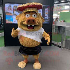 Gold Pulled Pork Sandwich mascot costume character dressed with Board Shorts and Berets