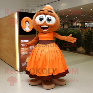 Braun-orange Maskottchen Kostümfigur bekleidet mit Maxirock und Kummerbunds