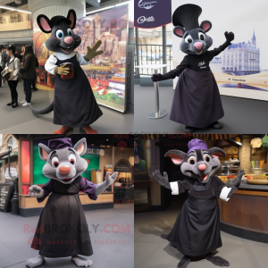 Personaje de disfraz de mascota de Ratatouille negro vestido con falda acampanada y bufandas