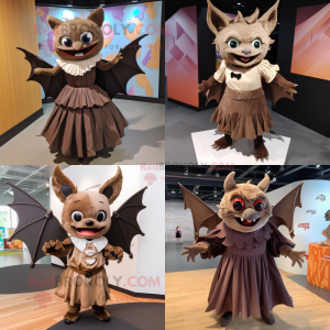 Personnage de costume de mascotte de chauve-souris brune habillé d'une jupe plissée et de bandeaux