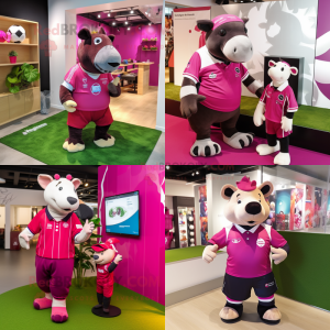 Magenta Tapir mascot costume character dressed with Rugby Shirt and Watches