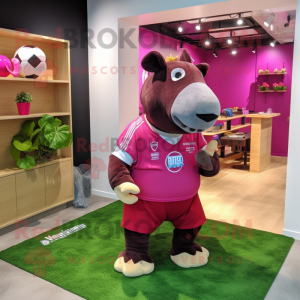 Magenta Tapir mascot costume character dressed with Rugby Shirt and Watches