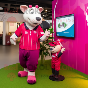 Magenta Tapir mascot costume character dressed with Rugby Shirt and Watches