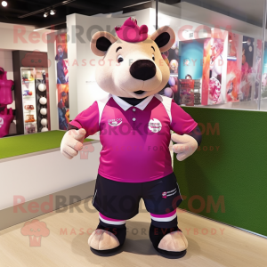 Magenta Tapir mascot costume character dressed with Rugby Shirt and Watches