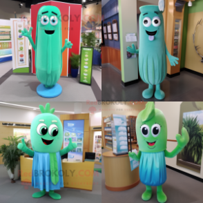 Teal Celery mascot costume character dressed with Sheath Dress and Keychains