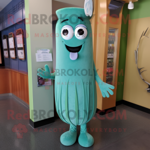 Teal Celery mascot costume character dressed with Sheath Dress and Keychains