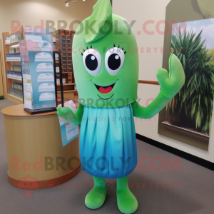 Teal Celery mascot costume character dressed with Sheath Dress and Keychains