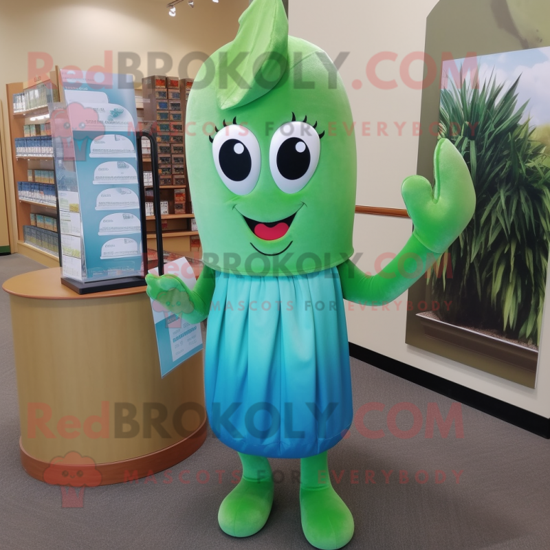 Teal Celery mascot costume character dressed with Sheath Dress and Keychains Teal Celery mascot costume character dressed with Sheath Dress and Keychains