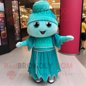Personnage de costume de mascotte Teal Dim Sum habillé avec une robe trapèze et des bracelets