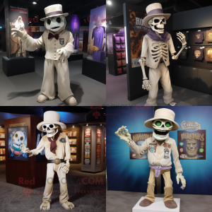 Beige Undead mascot costume character dressed with V-Neck Tee and Hat pins