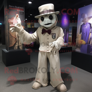 Beige Undead mascot costume character dressed with V-Neck Tee and Hat pins