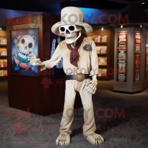 Beige Undead mascot costume character dressed with V-Neck Tee and Hat pins