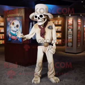Personaje de traje de mascota no muerto beige vestido con camiseta con cuello en V y alfileres de sombrero