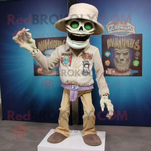 Personnage de costume de mascotte de mort-vivant beige habillé d'un t-shirt à col en V et d'épingles à chapeau