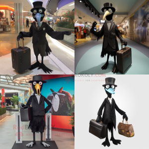 Personaggio del costume della mascotte del trampoliere nero vestito con abito e borse