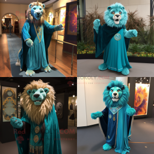 Teal tamer lion mascot costume character dressed with Evening Gown and Shawl pins